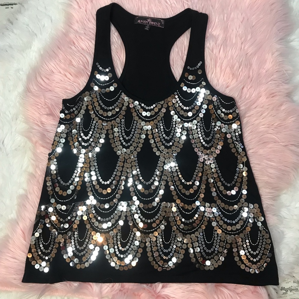Almost Famous Black Silver Sequins Racerback Top S